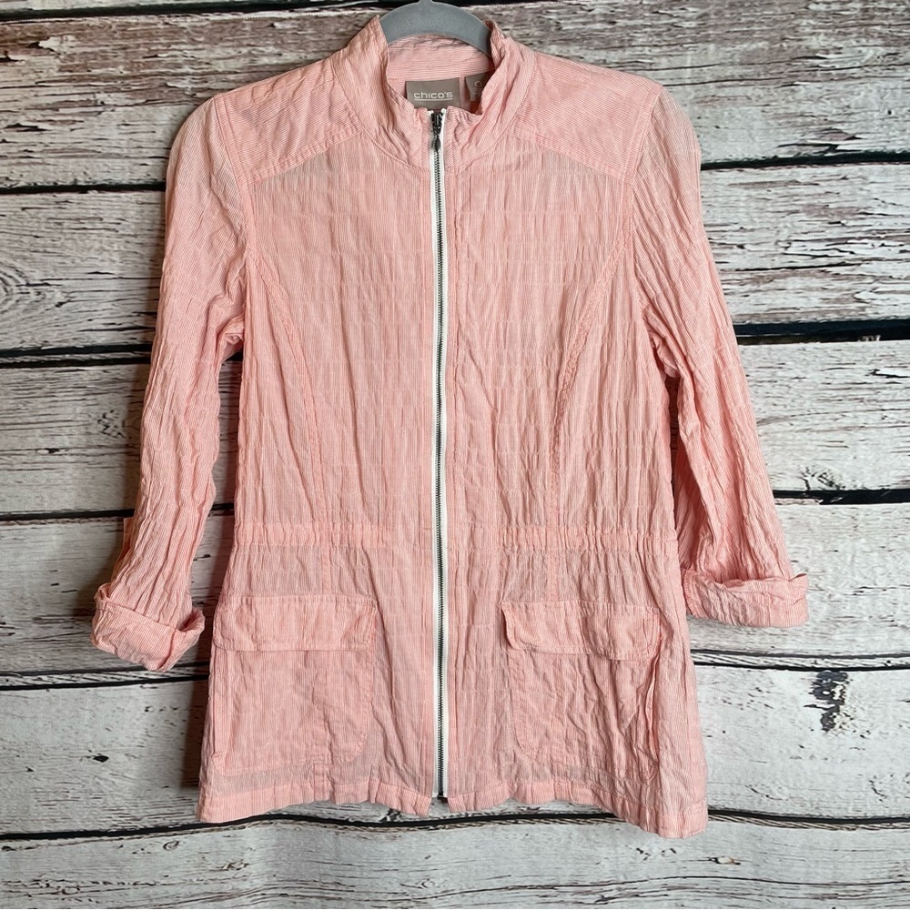 Chico’s 0 (Small) Lightweight Zip Up Cotton Blend Jacket Pin Stripe Coral‎ White